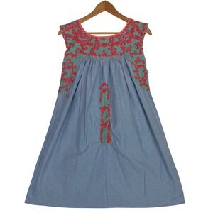 Mi Golondrina Flores Chambray Floral Embroidered Shift Mini Dress *READ* Sz XS